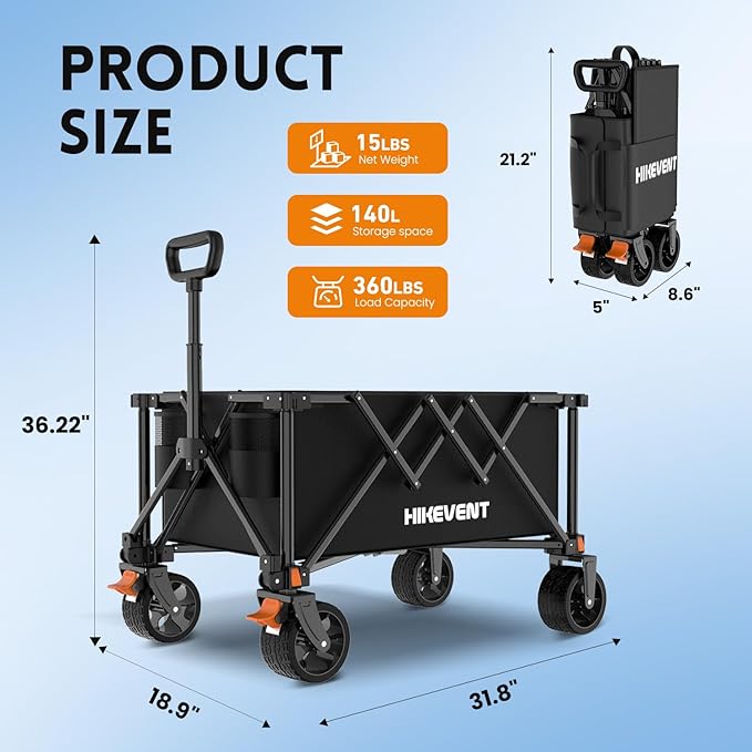 Collapsible Wagon Cart, 360LBS Heavy Duty Foldable Beach Wagon with Wider Wheels, Utility Grocery Shopping Cart for Garden, Camping, Sports, Black