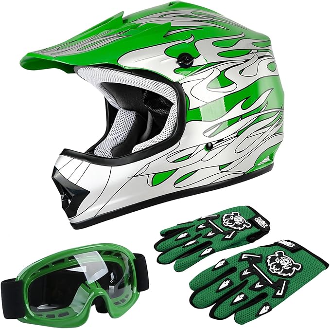 TCT-MOTORPARTS DOT Motorcycle Four Wheeler Riding Racing Helmet Youth Kids Motocross ATV Helmets Offroad Street Dirt Bike Go-Kart BMX MX Full Face Helmet Green Flame Large Size