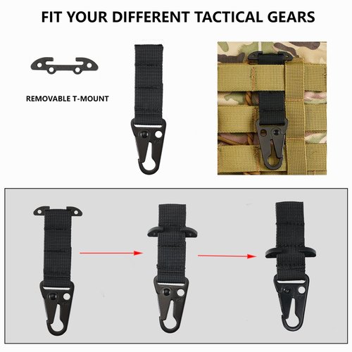 Tactical Gear Clip, T-Mount MOLLE Webbing Belt Clip with HK Hook for Backpack, Key Holder Vest Accessories(Black- 4pcs)