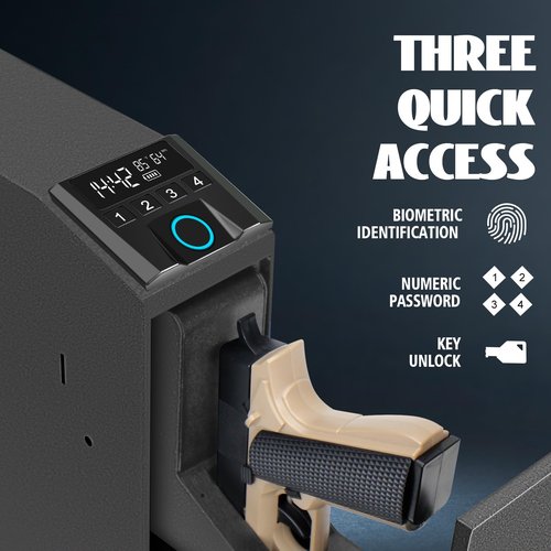 Slider Hidden Handgun Safe, Biometric Fingerprint Smart Pistol Safe for Nightstand, Desk, Bedside - Auto Sliding Door- Fingerprint, PIN Code, KEY Access (Classic)
