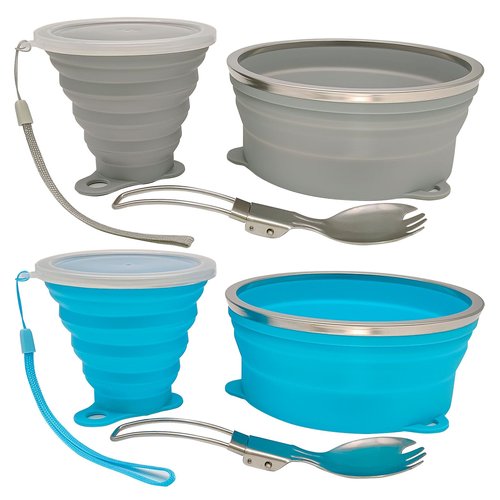 Cagelya Mess Kit for Camping Silicone Collapsible Bowl Collapsible Cup and Stainless Steel Spoon for Backpacking Outdoor Hiking Traveling and Picnic - 2 Pack