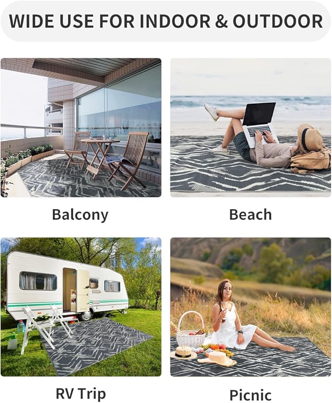 MontVoo Outdoor Rug 8x10 Waterproof-Patio Rug Mat Outdoor Carpet Reversible RV Camping Picnic Plastic Straw Rug Outside Outdoor Area Rug for Balcony Deck Backyard Patio Decor Modern Abstract