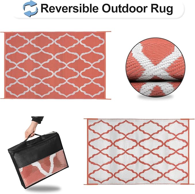 OutdoorLines Outdoor Plastic Area Rug for Patio 6x9 ft - Reversible Outside Carpet, Stain & UV Resistant RV Mats, Straw Rug for Camping, Deck Garden, Porch and Balcony, Moroccan/Orange & Light Grey