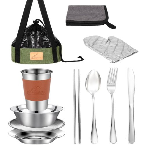 Camping Mess Kit - 1 to 2 Persons Camping Dishes Includes Cups Bowls Dishes Knives Forks Spoons, Etc, Camping Cutlery Set with Mesh Bag is Easy to Carry for Backpacking, Camping, Hiking and Picnics