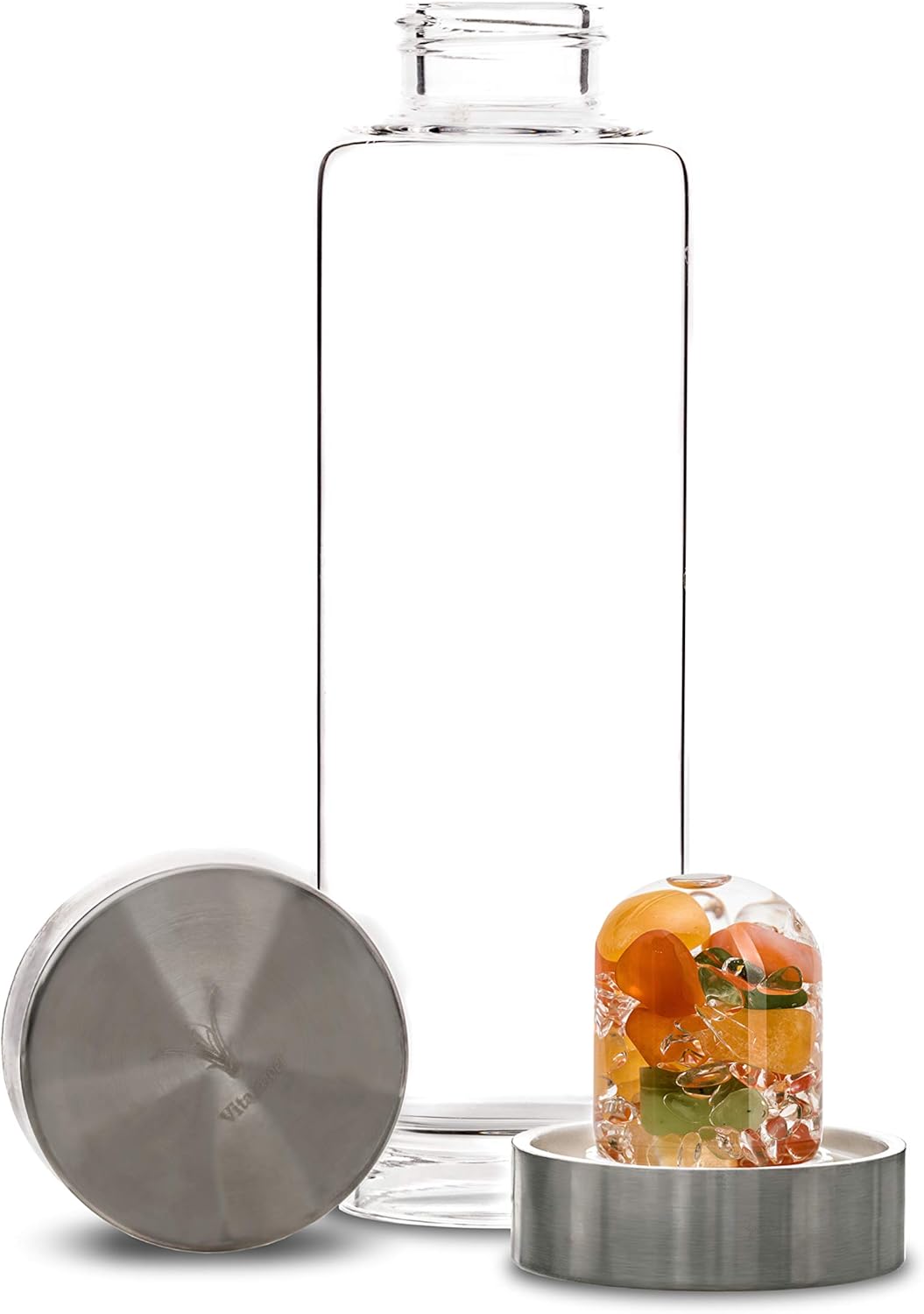 VitaJuwel ViA LUNA | Crystal Water Bottle with Rainbow Moonstone and Clear Quartz for Intuition, Empathy, Femininity