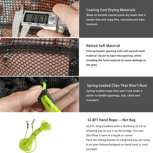 Drasry Large Portable Floating Fishing Basket for Caught Bait Shrimp Minnow Crab Live Well Coated Nylon Net Mesh Collapsible Storage Cage Rubber Kayak Fish Net Bucket(12.6 * 12.6 * 15 in)