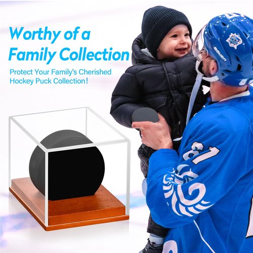 MewVeer Hockey Puck Display Case, Pucks Display Cases with Wooden Base, Acrylic Clear Box - Hockey Memorabilia Storage Holder, for Enthusiasts & Collectors & Fans (2 Pack, Square)