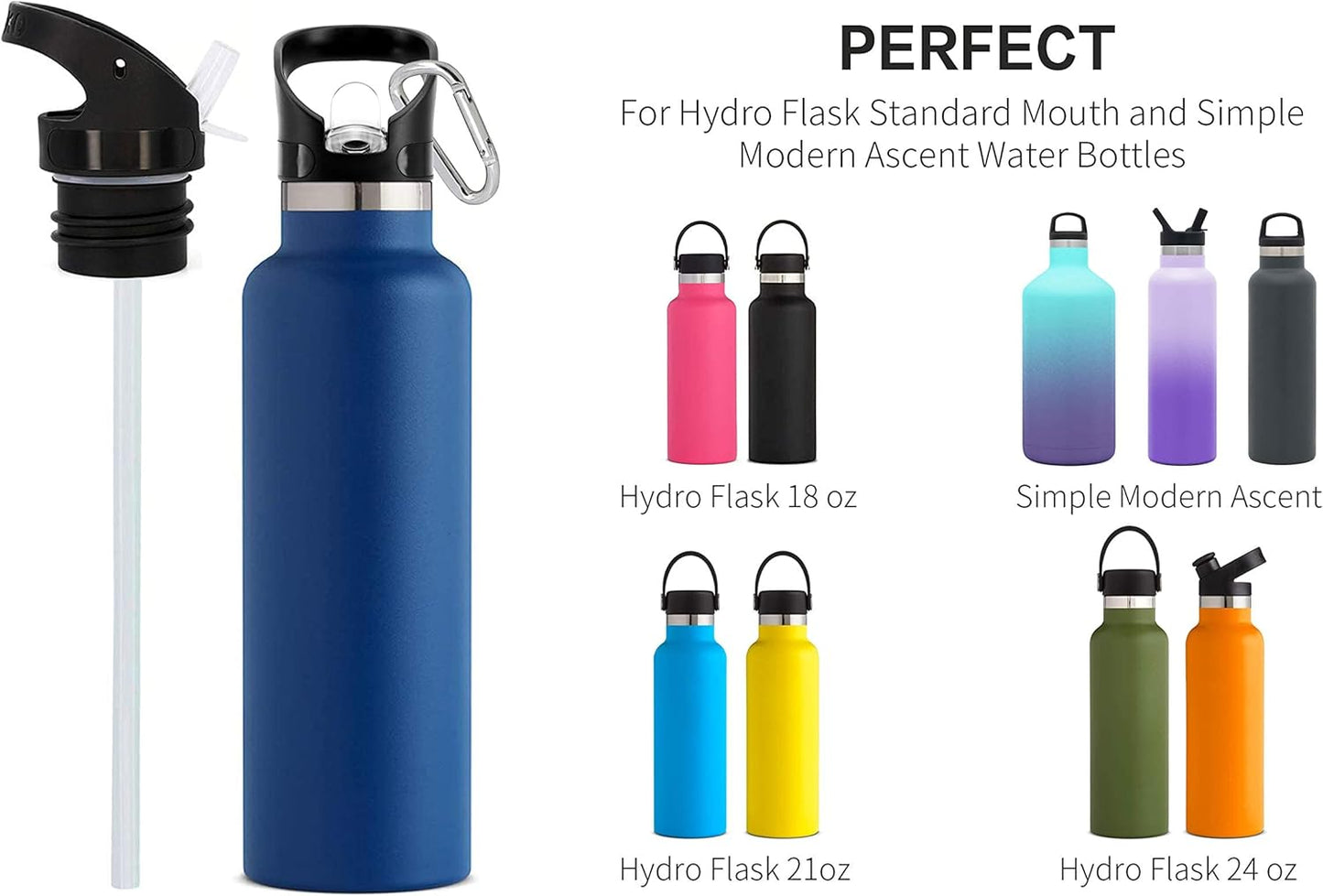 Straw Lid for Hydro Flask Standard Mouth - Multi-Compatible with Simple Modern Ascent Lid for 1.91" Mouth 18 oz, 21 oz, 24 oz Insulated Water Bottle Flip Top