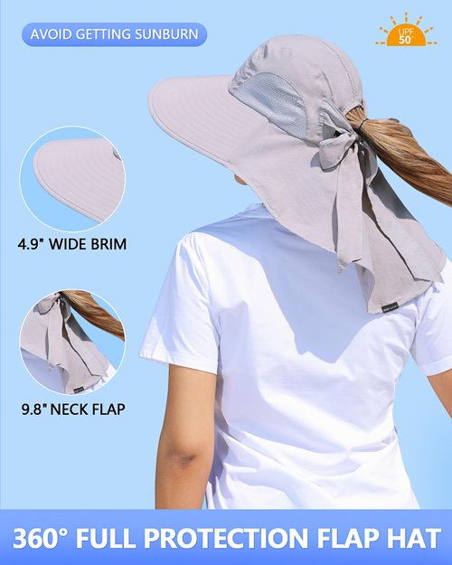 SENWAI Womens Sun Hat Outdoor UV Protection Wide Brim Fishing Hat with Ponytail Hole Neck Flap for Beach Hiking Camping, Light Gray