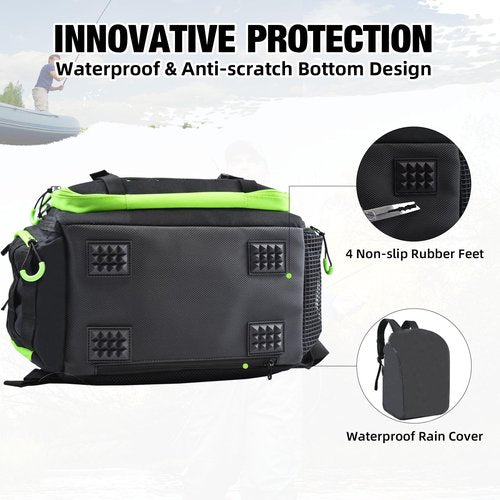 AUMTISC Fishing Tackle Bag Backpack with 2 Rod Holders, 4 Tackle Boxes, Rain Cover & Small Insulated Bag, Large Fishing Backpack for Fish Gear & Equipment