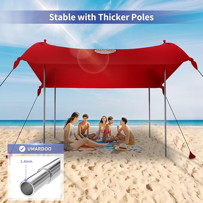 UMARDOO Family Beach Tent Canopy Sun Shade Portable, Large Compact Beach Sun Shelter Easy Setup with Packable Bag for Outdoor Travel (Red, 10X10 FT. 4Poles)