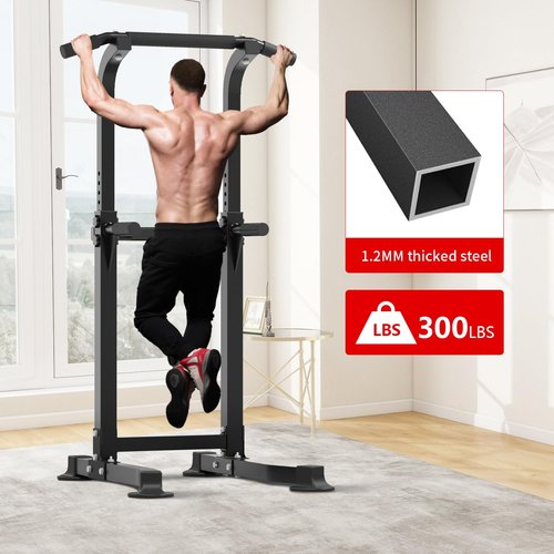 ZENOVA Pull Up Bar Dip Bar Power Tower Workout Dip Station Height Adjustable Free Standing Chin Up Bar Home Gym Equipment 300LBS Weight Capacity (Black)
