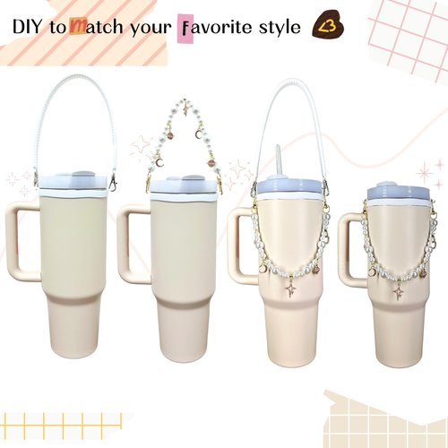 Koicarelife Pearl Cup Strap for Stanley, Silicone Water Bottle Handle, Bling Cup Charm for Stanley Fits Most 8-40 oz Bottles Stanley Accessories (White)