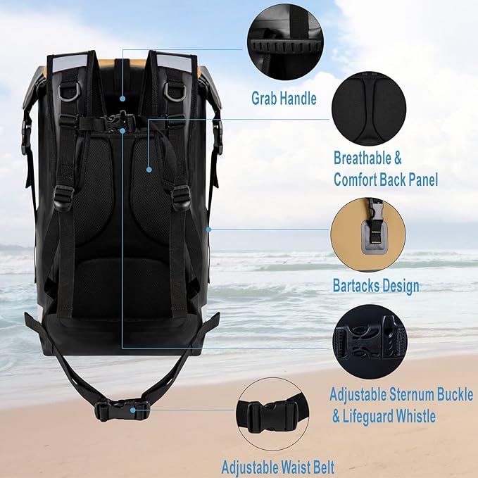 Waterproof Backpack Waterproof Bag Dry Bags 30L Roll Top Closure Travel Bags For Kayaking Camping Boating Hiking Beach (Khaki)