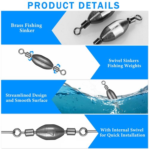 Seenelling 20 Pcs Brass Fishing Sinker Swivel Fishing Weights Saltwater Bullet Sinkers Drop Shot Weight Egg Sinkers with Swivel Rolling Removable Freshwater(1/2oz)