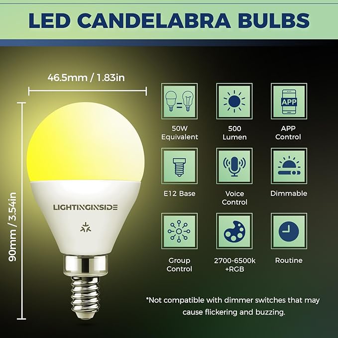 Matter E12 Smart Light Bulbs 50W Equivalent, Compatible with Alexa/Siri/Apple Home/Google Home/SmartThings, RGBCW G16.5 LED Candelabra Bulbs, 2.4G WiFi, ETL Listed, Hub Required, 4PCS