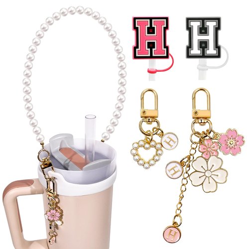 Lingdeer Water Bottle Handle with 2Pcs Letter Charms & 2Pcs Personalized Initial Straw Cover Toppers, Water Bottle Holder Lanyard Sling Carrier Strap, Suitable for 30&40 Oz Stanley Cup Accessories (H)