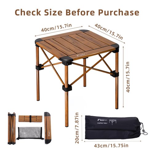 Peirhw Folding Camping Table, Portable Lightweight Aluminum Camp Table Roll Up Top with Storage Net for Outdoor, Camping, Picnic, Backyards, BBQ(Woodgrain, 15.8 x 15.8 x 15.8in)