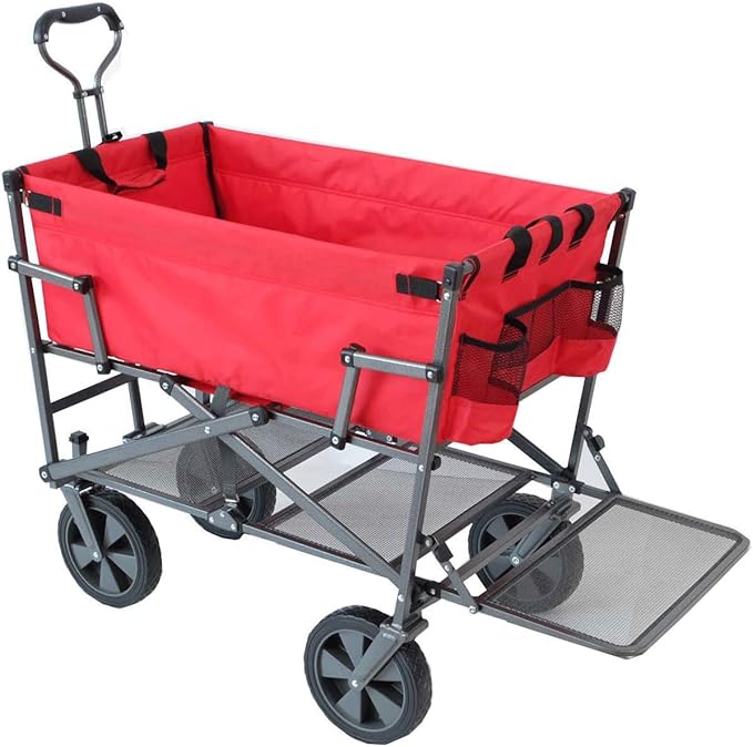 MacSports Double Decker Heavy Duty Steel Frame Collapsible Outdoor 150 Pound Capacity Yard Cart Utility Garden Wagon with Lower Storage Shelf, Red