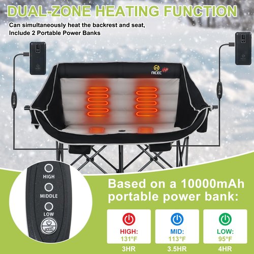 Nice C Heated Camping Chair with Battery, Outdoor Heated Folding Chairs, Double Padded Camping Chair for Adults, Camping Couch, with Cooler Bag, 2 Power Banks Included (Black&Grey)