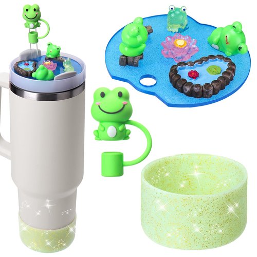 Mity rain Cup Accessories for Stanley Cup 30oz 40oz,Including Boot, Silicone Straw Topper Cover Cap, Lid Charms for H2.0 Tumbler Accesorios (Frog) (30OZ)