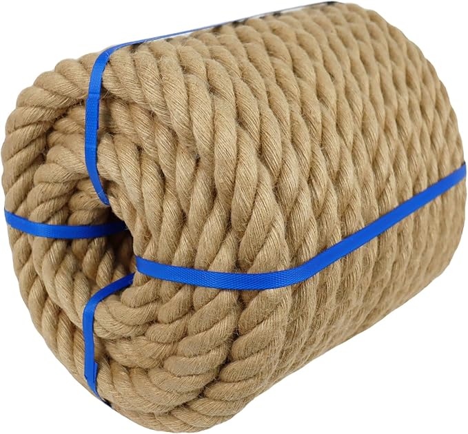 1-1/2 Inch Natural Jute Rope, 50 Feet Thick Hemp Rope, 4 Strands Twisted for Docks, Nautical, Raliings, Climbing, Decorating, Indoor/Outdoor Use