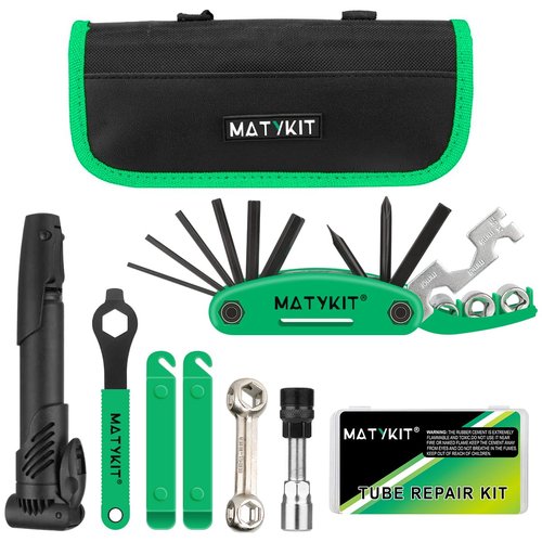 MatyKit Bike Tool Kit With Tools Bag + Bicycle Pump + Bike Multitool + Crank Extractor and Wrench + Bone Wrench + Tire Lever + Glueless Patches Set