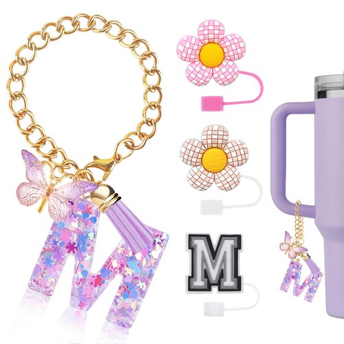 Raxiact 4PCS Stanley Cup Accessories for 30oz 40oz Tumbler with Handle, Silicone Straw Covers Topper Cap and Boot, Spill Proof Stopper, Keychain Handle Charm, Initials Decorations, Purple M