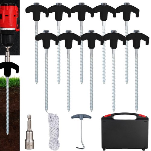 10PCS Screw in Tent Stakes Heavy Duty,8 Inch Screw in Tent Pegs,Metal Camping Stakes,with Hex Head Driver,Nail Lifter,Ropes,Camping Tent Accessories,Black