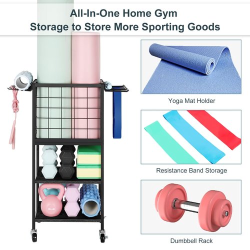 ETELI Weight Dumbbells Rack for Home Gym Yoga Mat Storage Rack Cart Small Metal Wood Home Gym Workout Equipment Storage with Hooks for Block Foam Rollers Resistance Bands, Black