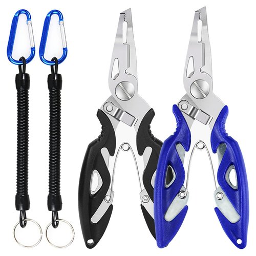 SIWRIOM Fishing Pliers, Stainless Steel Fish Hook Remover 2PCS, Multi-Function Fishing Line Cutter Split Ring Opener, Fishing Braid Scissors Gear Accessories Fish Gripper with Lanyard Fly Fishing Tool