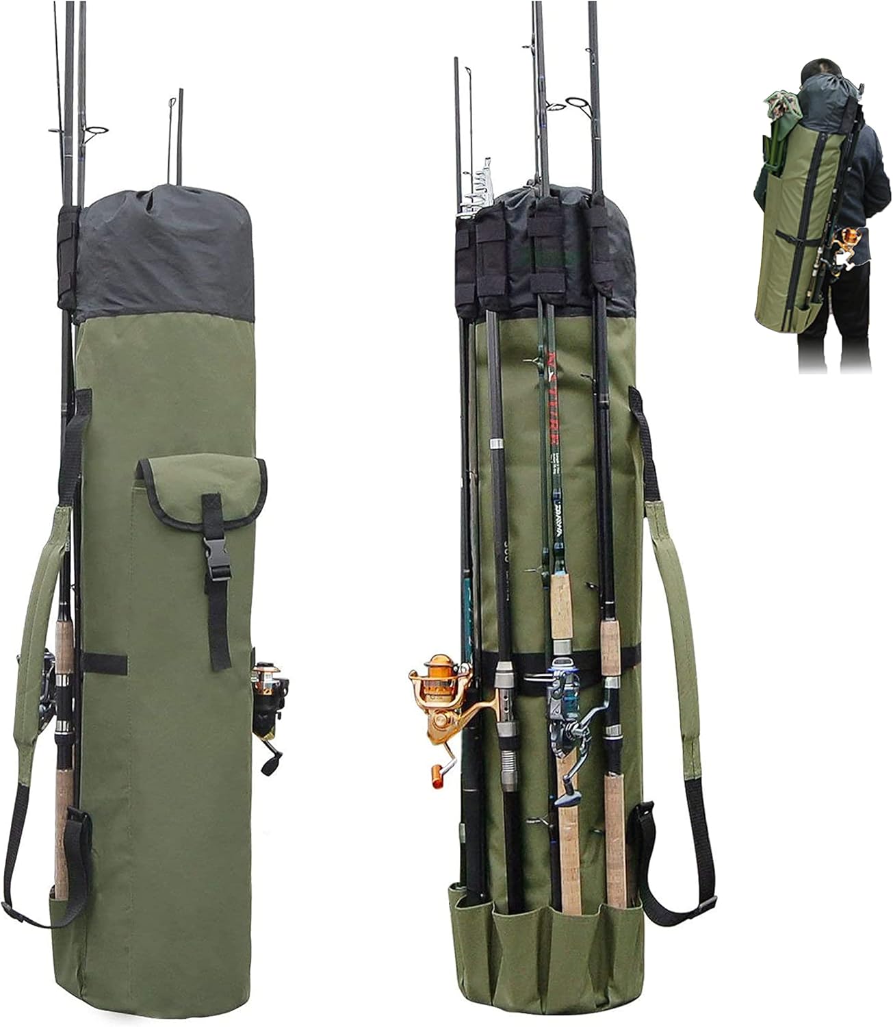 Multifunction Fishing Pole Bag - Waterproof Rod Reel Bag Carrier Case, Durable Canvas Tackle Large Storage Gift for Men Travel, Khaki