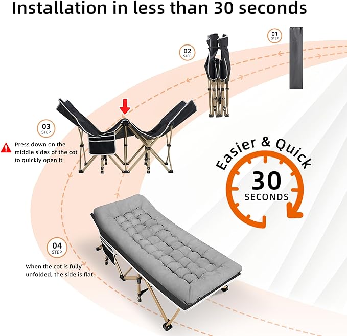 Portable Camping Cot, 600LBS Max Load, Extra Wide with Thick Mattress, Folding Cot for Outdoor Camping/Office, Home Nap (Grey)
