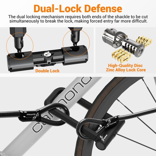 Sportneer Bike Lock: 18mm Heavy Duty Anti Theft Bike U Lock with 5ft Security Steel Cable - Shackle Bicycle U-Locks with 3 Keys & Sturdy Mounting Bracket for Road, Mountain, Electric & Folding Bike
