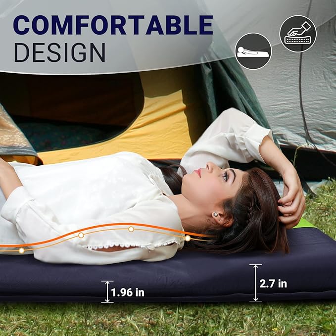 FUNDANGO Double Self Inflating Sleeping Pad for Camping Sleeping Mat with Built-in Pillow, Portable Lightweight Large Inflatable Foam Air Mattress 2 Person for Backpacking, Tent, Car,Travel, Outdoor