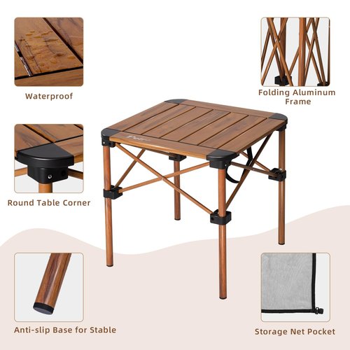 Peirhw Folding Camping Table, Portable Lightweight Aluminum Camp Table Roll Up Top with Storage Net for Outdoor, Camping, Picnic, Backyards, BBQ(Woodgrain, 15.8 x 15.8 x 15.8in)