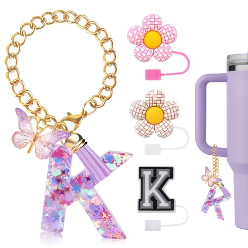 Raxiact 4PCS Stanley Cup Accessories for 30oz 40oz Tumbler with Handle, Silicone Straw Covers Topper Cap and Boot, Spill Proof Stopper, Keychain Handle Charm, Initials Decorations, Purple K