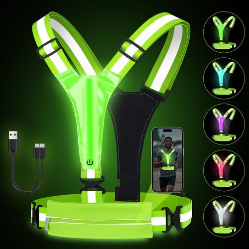 Fitense LED Reflective Running Vest with Phone Holder, 5 Colors Light Up Running Vest Rechargeable Running Lights for Runners High Visibility Reflective Running Gear, Adjustable for Men and Women