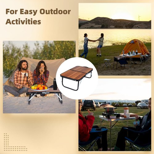 YHomU Compact Mini Camping Table, Walnut Wood Folding Side Low Table for Camp, Portable Table for Picnic Travel Beach, Lightweight Foldable Design