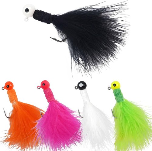 Crappie Jigs Marabou Feather Hair Jigs Bass Fishing Lure Jig Heads Hook for Crappie Trout Walleye Panfish 1/8oz 1/16oz 1/32oz