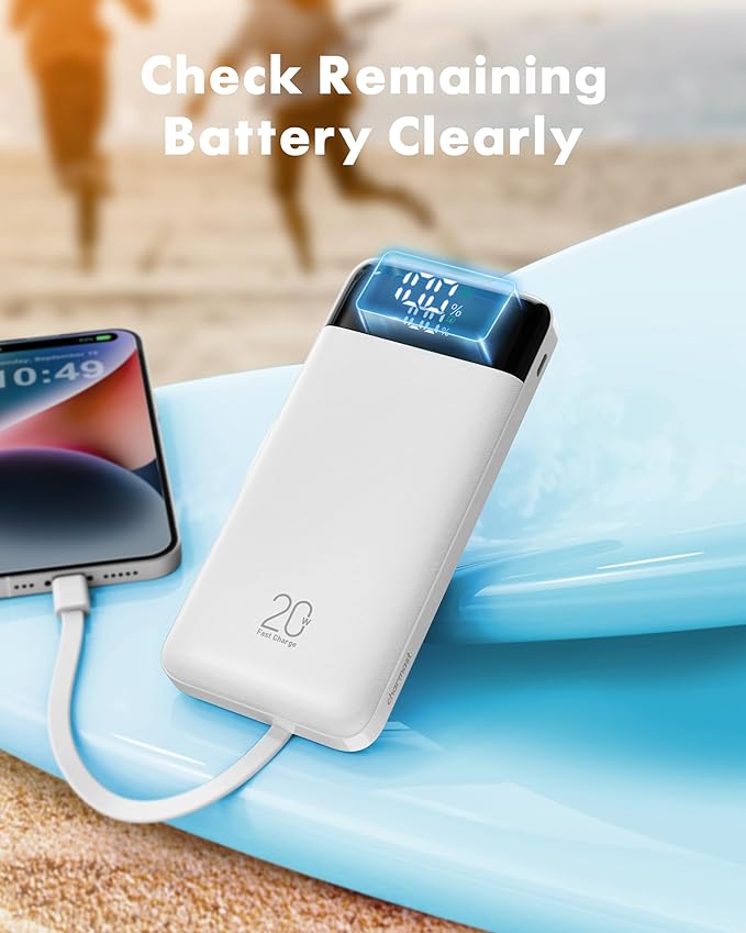 charmast 20000mAh Portable Charger with Built in Cables, 22.5W Travel Power Bank Fast Charging, USB C Cell Phone Battery Pack for iPhone 16/15/14/13/12/11 Series, iPad, Samsung, Android, Tablet