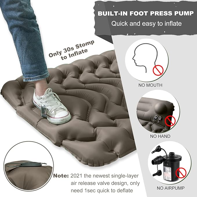 MEETPEAK Camping Pad, Foot Press Inflatable Sleeping Pad Thick 4 Inch Lightweight Camping Sleeping Mat Ultralight Compact Waterproof Air Mattress for Outdoor Hiking Hammock Backpacking Sleeping Bag