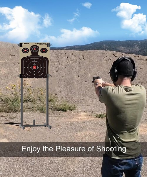 Koutemie Outdoor Shooting Target Stand with 10pcs 17x25 Inch Paper Targets, Heavy Duty Range Target Holder with Adjustable Base for Cardboard Silhouette, H Shape, Black