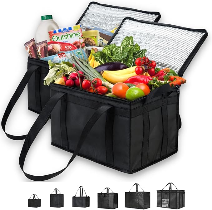 NZ Home Insulated Cooler Bag and Food Warmer (Large, 2 pack) for Food Delivery & Grocery Shopping with Zippered Top, Black