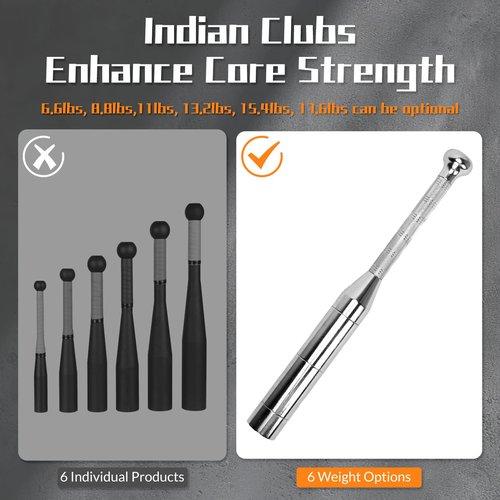 tonchean Adjustable Clubbell 6 in 1 Indian Clubs Steel Macebell (6.6/8.8/11/13.2/15.4/17.6LBs) for Muscle Building, Shoulder, Grips & Forearms Workouts to Stretching