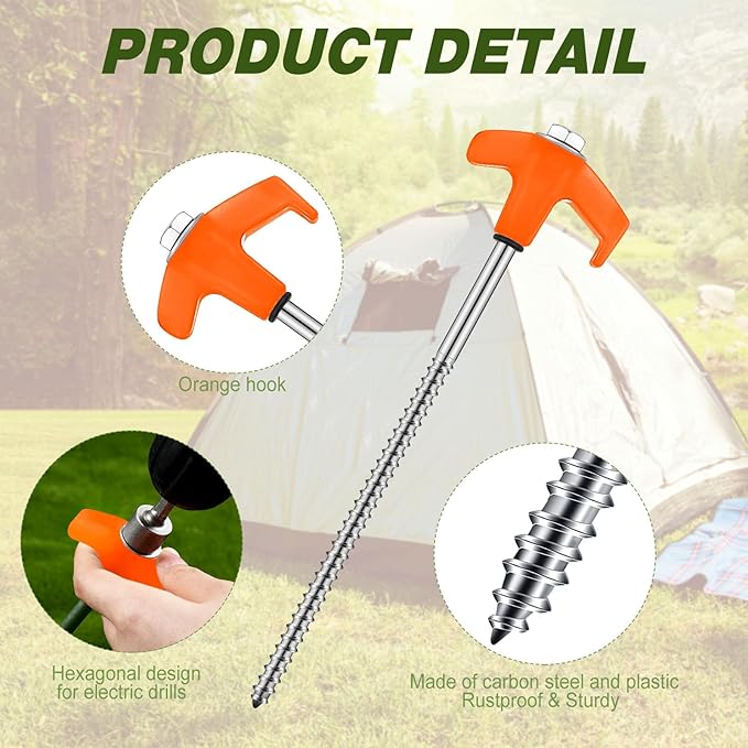 Hicarer 10 Pcs 8'' Screw in Tent Stakes Heavy Duty Ground Anchors Screw in Tent Pegs Ground Stakes Tent Spikes Metal Tent Spikes with Hex Head Driver for Camping Garden Canopies (Orange)