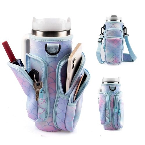 WNGERGOU Water Bottle Carrier Bag with Phone Pocket for Stanley, Water Bottle Holder with Strap for Stanley Accessories 30oz, Stanley Cup Accessories Total 3 Pockets (30oz-fish scales)