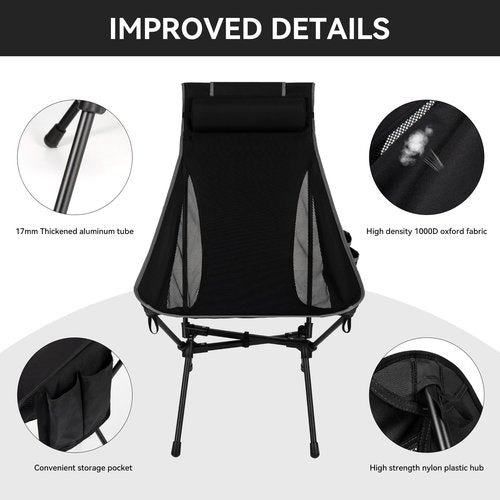 diwaite Portable High Back Camping Chair, Support Heavy Duty 440 lbs, Compact Folding Backpacking Chair with Detachable Pillow for Camp, Hiking, Backpacking(Black)