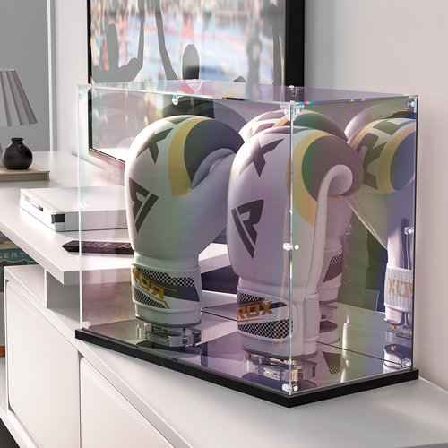 KOLIPI Boxing Glove Display Case with Mirror Back and Base, Acrylic Display Case with Stand for Full Size Boxing Glove, Watch The Video to Assemble (17x8x13 inch, 43x20x33 cm)