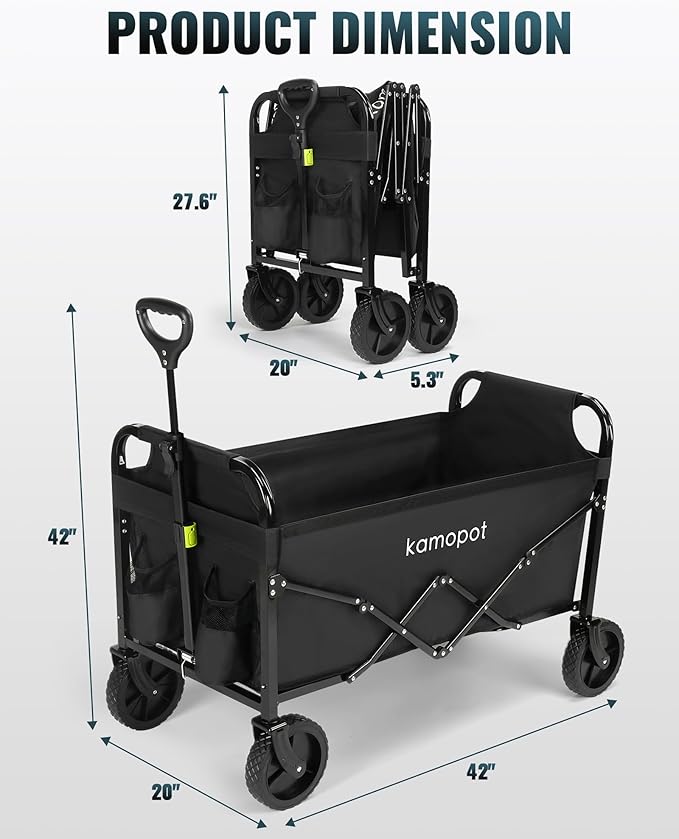Large Collapsible Wagon Foldable for Grocery, Beach, Park, Yard, 34 x 18 Inch Inner Storage. 300lb Heavy Duty w/Cupholders & 1x 40oz Tumbler Included